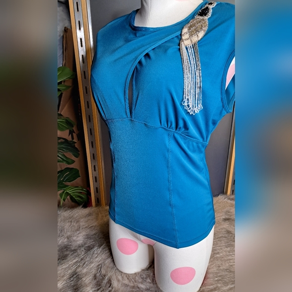 DEADSTOCK • Moda International • Vintage 90s Beaded Keyhole Stretch Blouse [M] - Picture 13 of 16